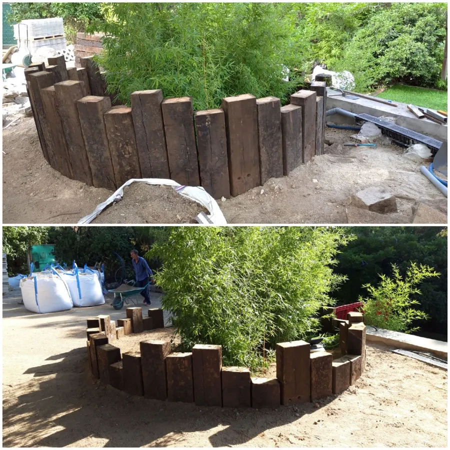 Jardinera circular de traviesas, durante la obra y ya terminada