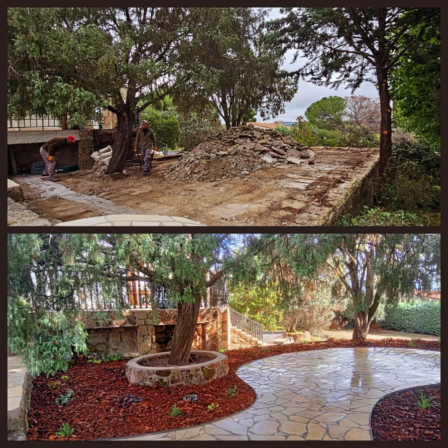 Encinas del jardín y, en la foto inferior, la piscina con borde de piedra