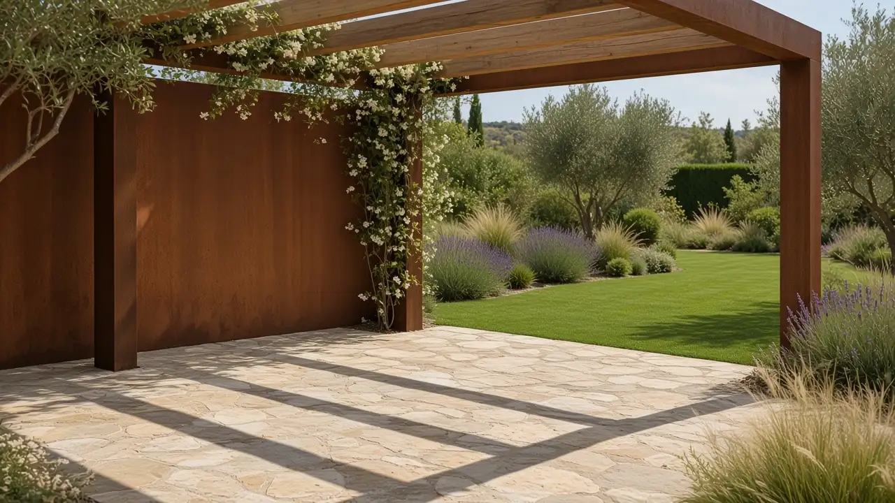 Pérgola de acero corten y madera sobre un solado de piedra