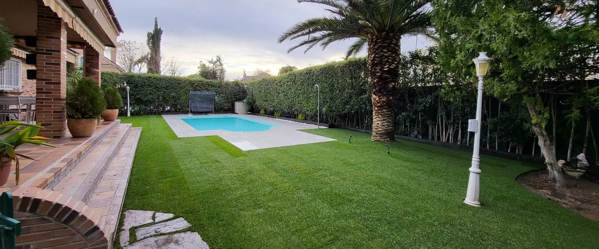 Piscina en un jardín con césped, palmera y seto